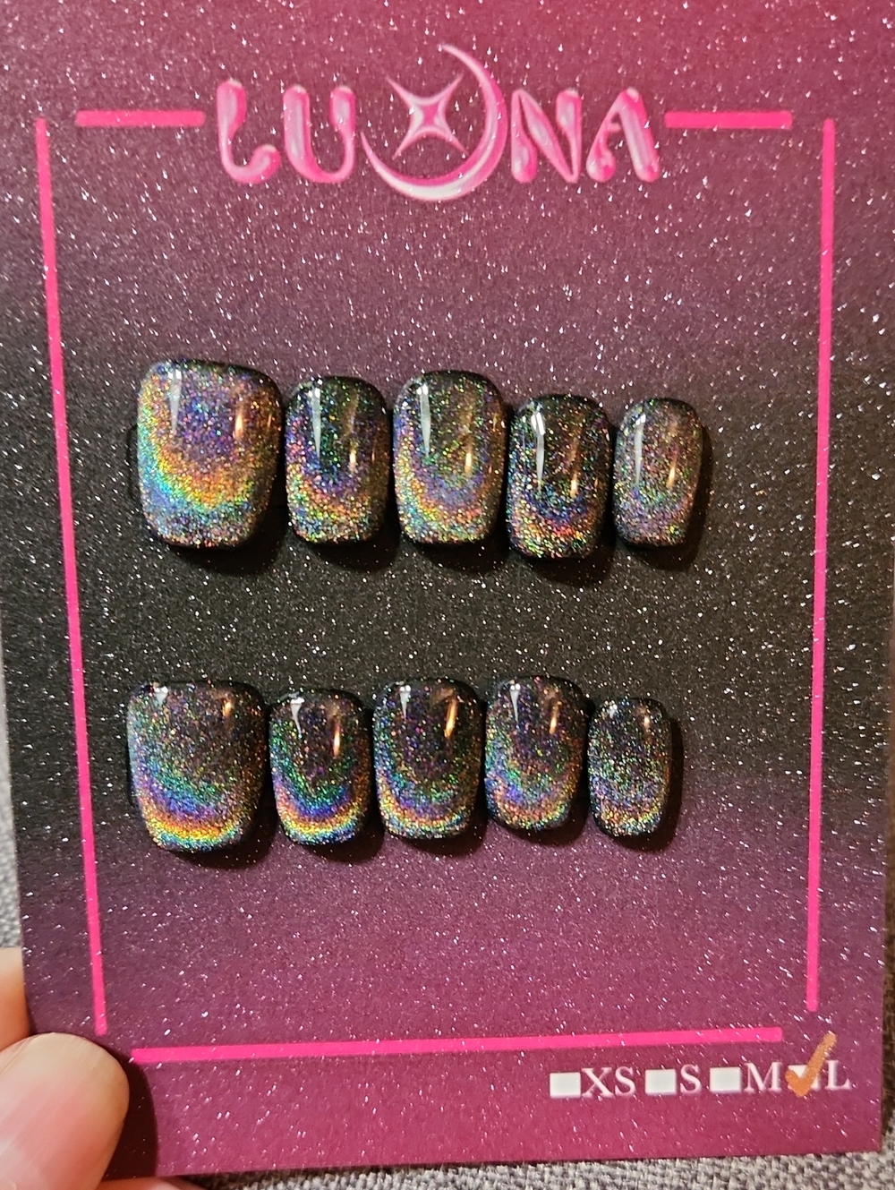 Black Rainbow Effect Press On Nails. Size Large